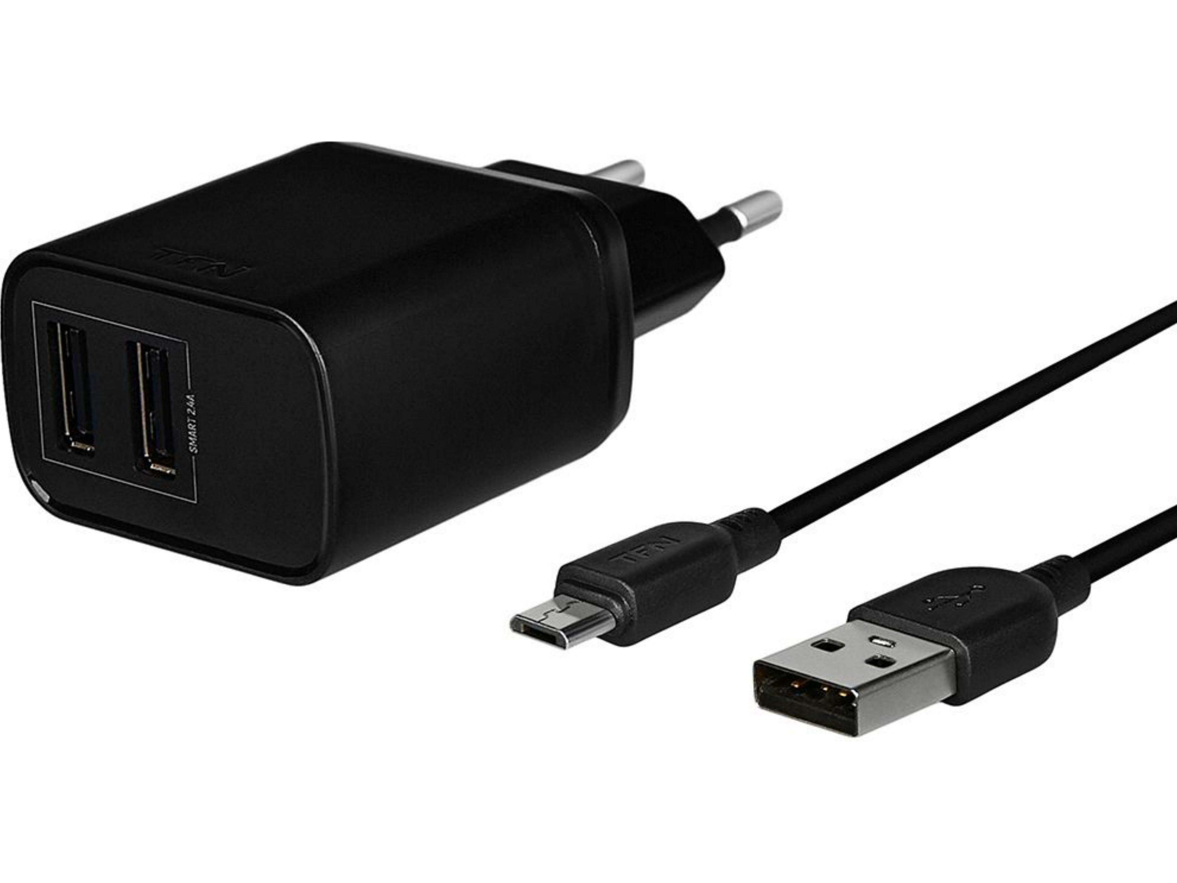 Сетевое зарядное устройство TFN RAPID, 2xUSB + кабель microUSB, 2.4A, 12Вт (Черный)