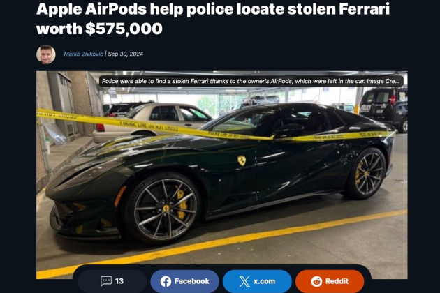 Потерянные наушники AirPods помогли найти угнанную Ferrari 812 GTS! Потерянные наушники AirPods помогли найти угнанную Ferrari 812 GTS!